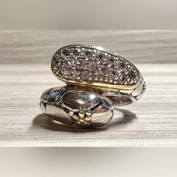 Designer Hallmarked Sterling Silver White Topaz Cobblestone Bypass Ring, Size 6 - Picture 2 of 12